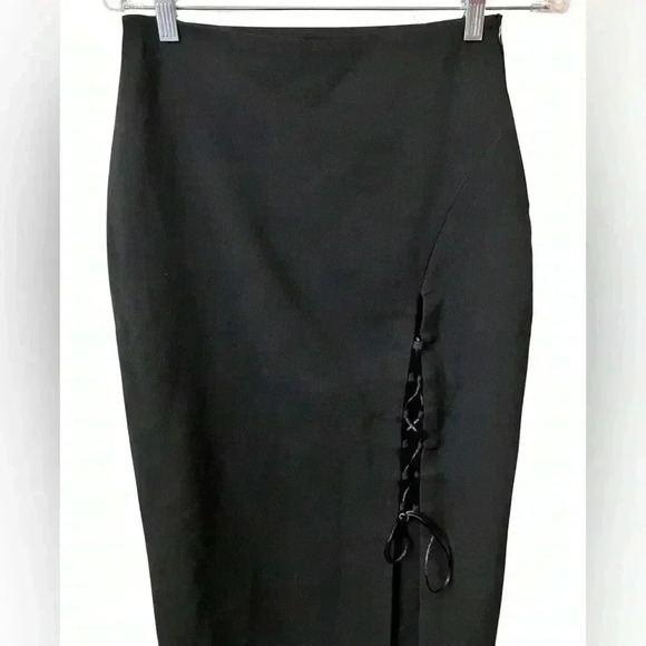 Zara Side Slit Lace Up High Waisted Midi Skirt Black Solid Pencil - Picture 7 of 8